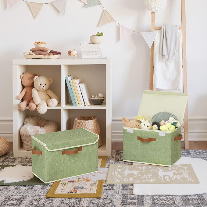 GRANNY SAYS Fabric Storage Bins with Lids, Decorative Storage Boxes with PU Handles, Keepsake Memory box, Shelf Baskets for Closet, Sage Green/White, Large, 2-Pack
