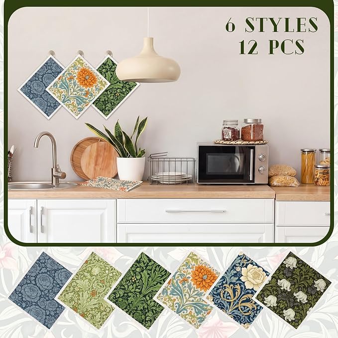 Mifoci 12 Pcs William Morris Swedish Kitchen Dishcloths 7 x 8 Inch Reusable Vintage Floral Dish Towels Absorbent Cotton Cleaning Cloths for Kitchen Cleaning Wipes Housewarming