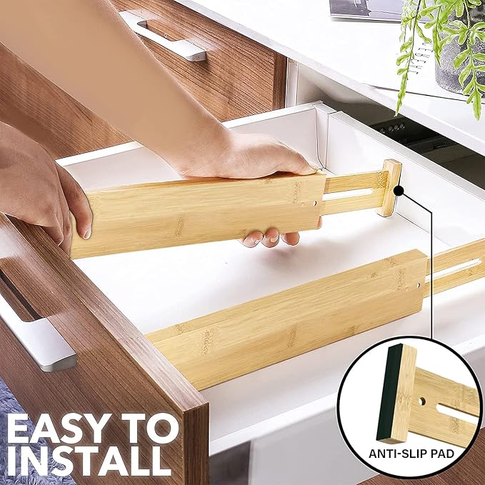Adjustable Bamboo Drawer Dividers for Clothes, Kitchen Utensils, Office Desks