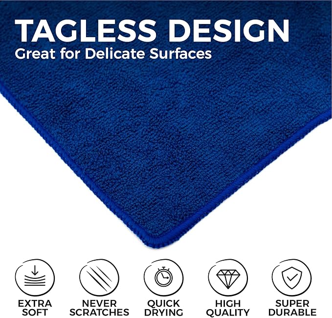 The Rag Company - All-Purpose Microfiber Terry Cleaning Towels - Commercial Grade, Highly Absorbent, Lint-Free, Streak-Free, Kitchens, Bathrooms, Offices, 300gsm, 14in x 14in, Royal Blue (12-Pack)