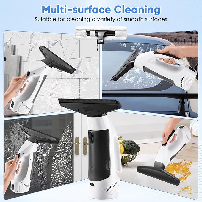 Window Vacuum Squeegee Cordless, Handheld Window Vac with Multi-Purpose Spray Bottle & Microfiber Cloth, Electric Cleaning Tool for Windows, Tiles