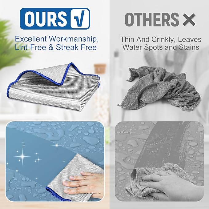 Microfiber Cleaning Cloth Polishing Glass Cleaner Absorbent Kitchen Towel Quick Drying Miracle Lint Free Rags for Household Auto Detailing Bathroom, Pack of 6, 12 x 12 Inch, Sliver-Blue