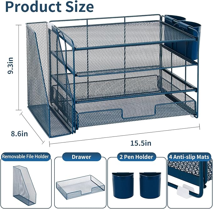 OPNICE Desk Organizer, 4-Tier Desktop File Organizer with Drawer and 2 Pen Holders, Office Desk Accessories, File Sorters