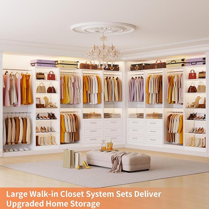 Closet System Set of 4, 8-21FT Closet System with 6 Drawers, 8 Shelves & 8 Hanging Rods, Custom Walk in Closet Organizer System Adjustable, Max 252“ Modular Closet Storage System Wood, White