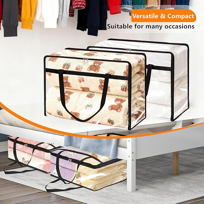 4 Pack Clear Clothes Storage Bags, Vinyl Blanket Storage Containers with Heavy Duty Zipper, Foldable Moving Bags, Closet Organizers for Bedding, Clothing, Comforters, Linens, Duvet (60L)