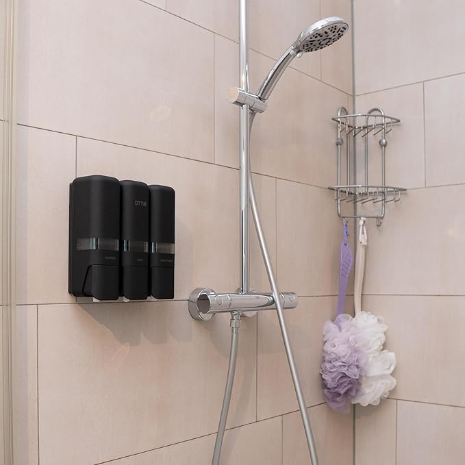 Shower Soap Dispenser 3 Chamber No Drill, Wall Mounted Shampoo Conditioner Body Wash Dispenser, Stick-On Installation, Lockable Matte Black, Refillable 250ml x 3 for Bathroom & Hotel