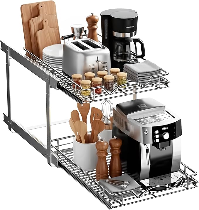 2-Tier Pull-Out Cabinet Organizer with Heavy-Duty Steel Frame, Full-Extension Sliding Shelves, Holds 100 lbs, Easy Install for Kitchen