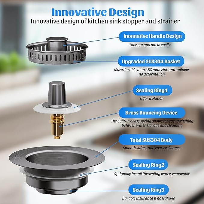 NinjaTiger Kitchen Sink Strainer - 2 Pack, 3-in-1 Stainless Steel Stopper