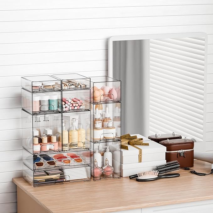 8 Pack Small Stackable Storage Bins, Clear Acrylic Drawer Boxes
