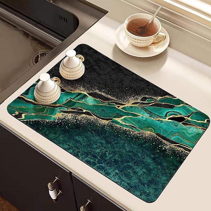 Dish Drying Mat for Kitchen Counter, Green and Gold Marble Washable Absorbent Quick Dry Pad with Rubber Backing, Draining Mat for Dishes Coffee Table, 12" x 20"