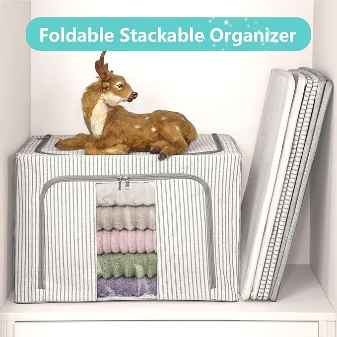3 Pack Clothes Storage Bins, Foldable Metal Frame Storage Box with Lids,Stackable Linen Fabric Organizer Set with Carrying Handles,Zippers,and Clear Window (Grey Stripe, 66L)