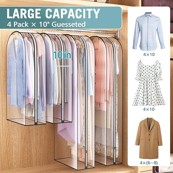 Liuoud Clear Garment Bag for Hanging Clothes 10” Gusseted, 40&60” Suit Bags for Open Closet Storage Plastic Clothes Cover for Coat, Dress, Shirts, Fur