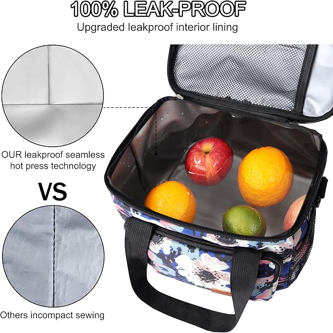 Femuar Lunch Bags for Women/Men, Insulated Lunch Bag for Work Office - Lunch Cooler Bag Leakproof Lunch Box with Adjustable Shoulder Strap - Ink foral