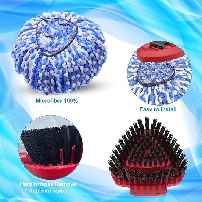 Fatmass Spin Mop Head and Brush Replacement Compatible with O Cedar RinseClean 2-Tank System, 4 Mop Replace Heads, 1 Handle, 1 Base and 1 Scrub Brush Combo Set