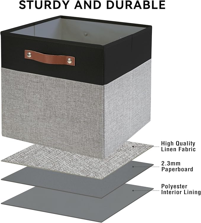 Bagnizer Collapsible Fabric Storage Cube Bins with 2 Reinforced PU Handles, Foldable Storage Organizer Baskets for Closet, Shelves, Living Room | 11"x11"x11", 4 Pack, Black & Gray