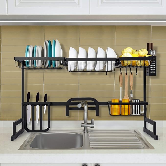 Dish Drying Rack Over The Sink, 2-Tier Dish Drainer Stainless Steel with Cutting Board and Sponge Holder, Space Saving Dish Drainer Rack for Kitchen Counter Organization and Storage, Black