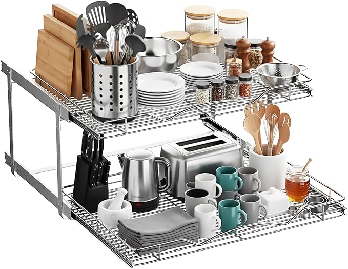2-Tier Pull-Out Cabinet Organizer with Heavy-Duty Steel Frame, Full-Extension Sliding Shelves, Holds 100 lbs, Easy Install for Kitchen