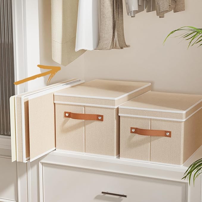 Storage Boxes with Lids, 10.2×7.8×6.7 Inch Storage Baskets, Closet Organizers for Shelves Organizing with Handles, Beige, 5-Pack