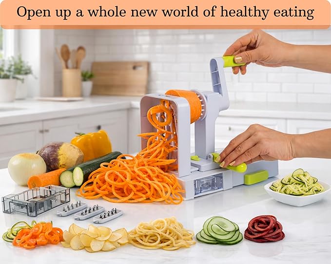 Brieftons QuickFold 5-Blade Spiralizer: Versatile & Compact Foldable Vegetable Spiral Slicer, Best Veggie Pasta Spaghetti Maker for Low Carb/Paleo/Gluten-Free with Brush & 4 Recipe Ebooks