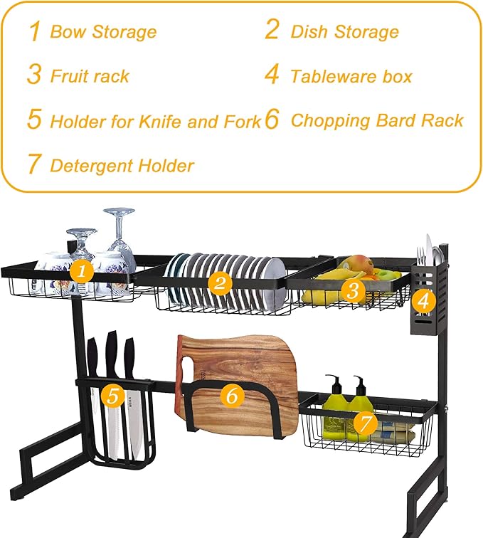 Dish Drying Rack Over The Sink, 2-Tier Dish Drainer Stainless Steel with Cutting Board and Sponge Holder, Space Saving Dish Drainer Rack for Kitchen Counter Organization and Storage, Black