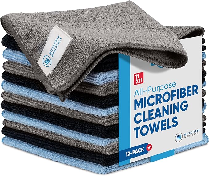Microfiber Cleaning Cloth - 12 Pack | Better Quality All Purpose Towels | Great for Home, Clean, Dust, Polish | Soft, Absorbent, Durable | Wash 100s of Times | Black Gray Blue