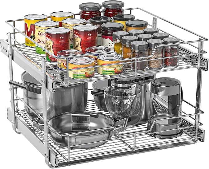 ZOINLIY Pull Out Cabinet Organizer, Versatile Slide Out Kitchen Organizers and Storage,Heavy Duty Drawer Cupboard Storage Basket, Smooth Sliding, Chrome Finish (2-Tiers-24¼''W×22“D)