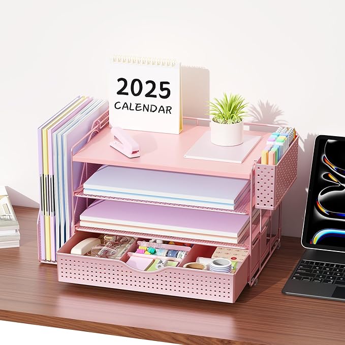 gianotter Wood Desk Organizers and Accessories with File Holder, 4-Tier Desk Accessories & Workspace Organizers with Drawer and Pen Holder, Paper Organizer for Office Supplies (Pink)