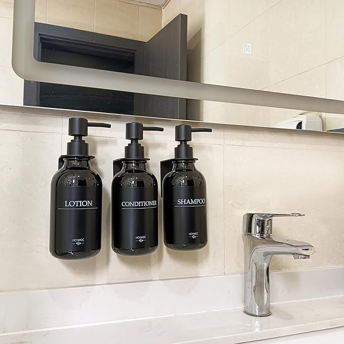 Shampoo Dispenser for Shower Wall, Shampoo and Conditioner Dispenser with 16 Waterproof Labels, No Drill Shower Soap Dispenser Bathroom, Shower Soap Dispenser Wall Mounted,17oz, 3 Pack, Black