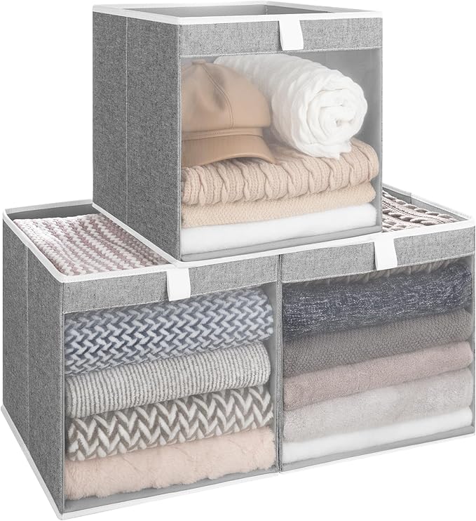 StorageWorks 13x13 Storage Cubes, Closet Storage Bins with Clear Window, Large Fabric Organizer for Clothes, Collapsible Storage Baskets with Handles