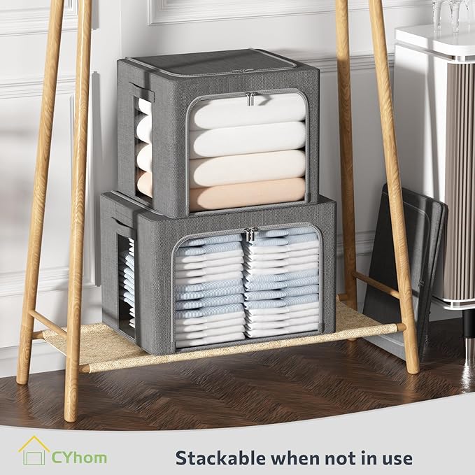 Clothes Storage Bins Box - Linen Fabric Foldable Stackable Container Organizer Set with Clear Window & Carry Handles & Metal Frame - 2Pack Large Capacity for Bedding, Blankets, Books