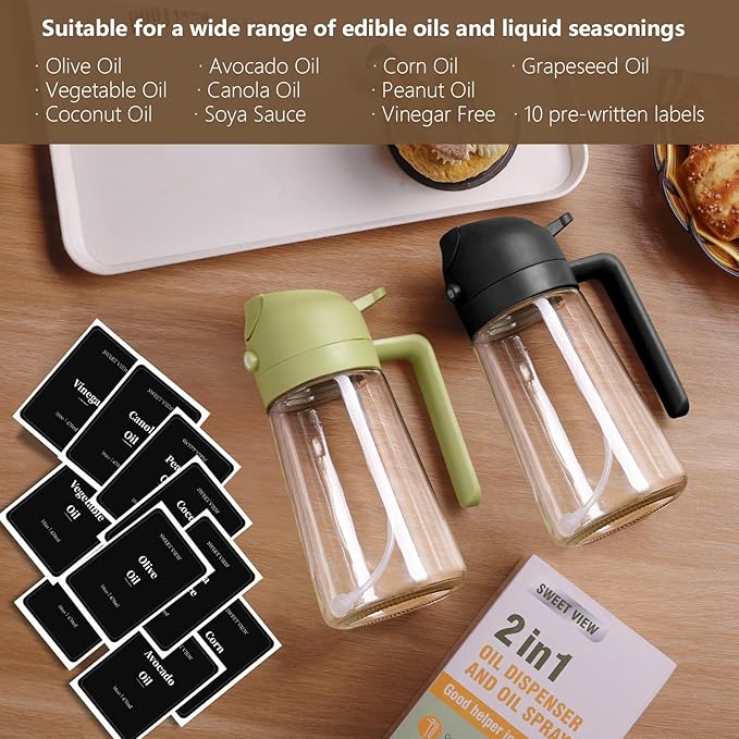 SWEET VIEW 16oz/470ml Oil Dispenser and Oil Sprayer, Glass Olive Oil Pourer for Kitchen, Air Fryer, Cooking, Salad, BBQ(Green)