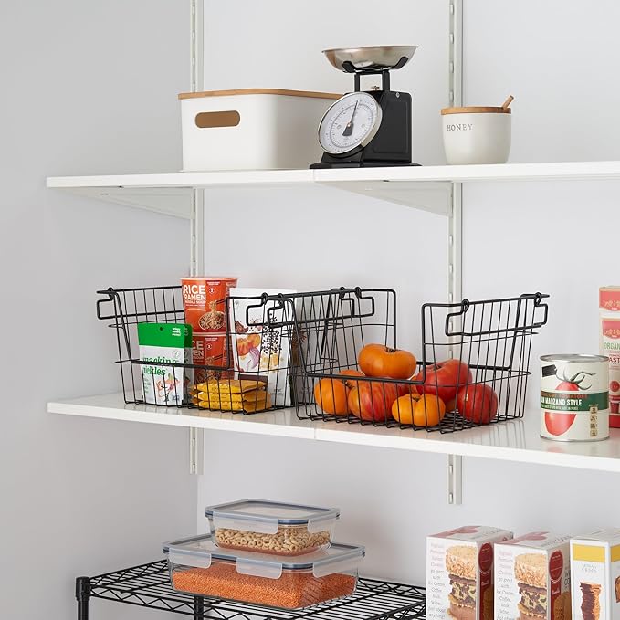 2-Pack Stackable Metal Wire Storage Baskets With Handles, Black, 14 Inches