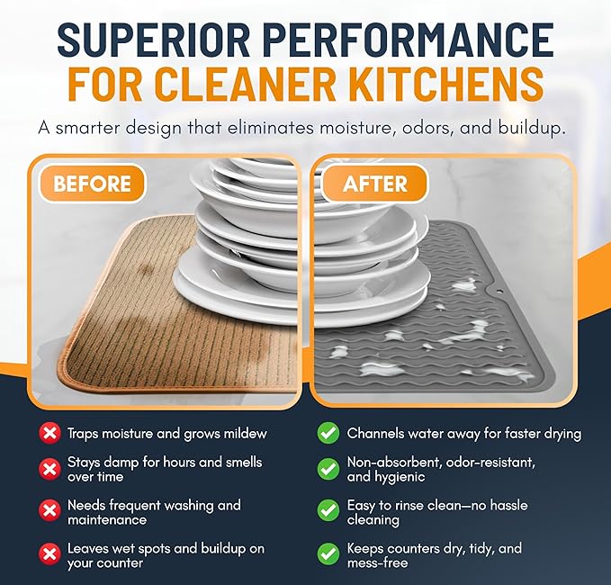 Silicone Dish Drying Mat for Kitchen Counter - Multi-Use 18 x 16 Inch Pad, Non-Slip & Heat-Resistant, Perfect Dish Drainer Mat by Linda’s Essentials, Ideal Kitchen Accessory (Gray)