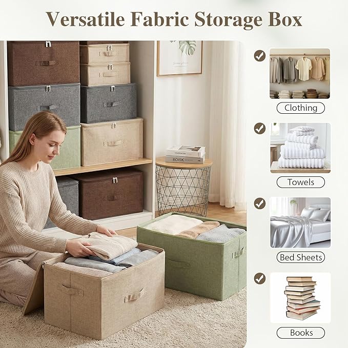 ANMINY Storage Bins with Zipper Lids 51.9 Qt Lidded Fabric Storage Boxes Baskets Cubes with Handles Collapsible Washable Cotton Linen Closet Shelf
