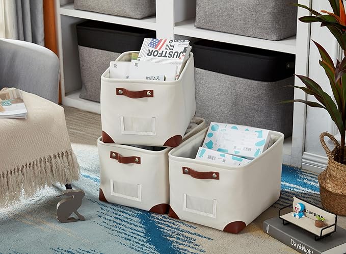 White Storage Bins Fabric Storage Baskets for Shelves & Linen Closet