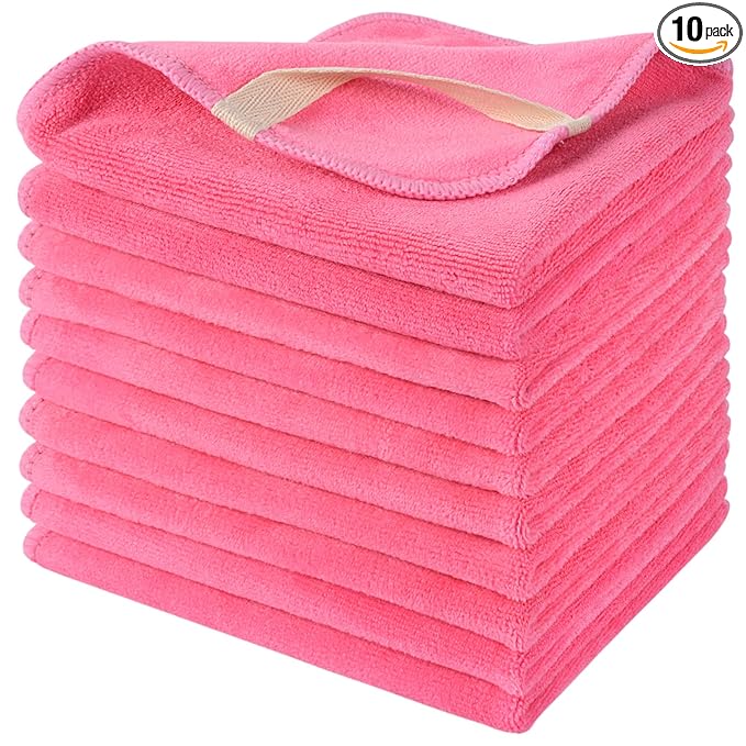 SINLAND Microfiber Facial Cloths Fast Drying Washcloth 12inch x 12inch Absorbent Face Wash Cloth Soft Makeup Remover Cloths Dark Pink 1 Count (Pack of 10)