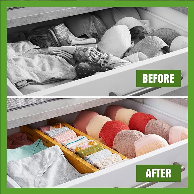 ANTOWIN Bamboo Drawer Dividers, Expandable Drawer Separators Splitter, 17-22 inches Adjustable Spring-loaded Organizer for Large Utensil, Clothes, Tools Drawers, 6 Pack Dividers + 4 Pack Baffle