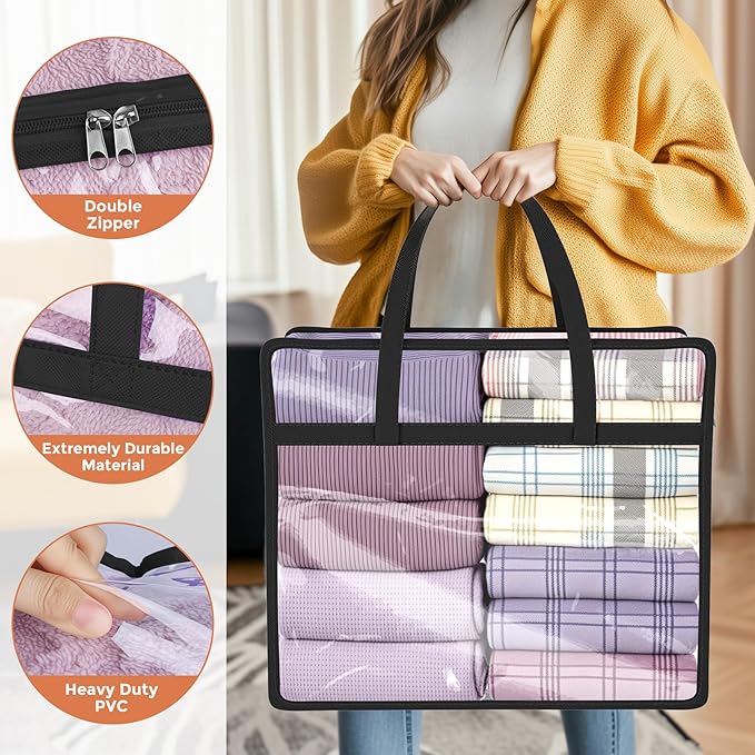 Budding Joy 6 Pack Clear Zippered Storage Bags for Clothes, Black