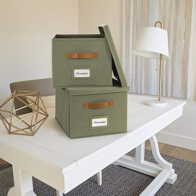 ZICOTO Decorative File Organizer Box Set of 2 - Collapsible Linen Filing Cabinets w/Handles Are Perfect to Store all Your Documents & Hanging File