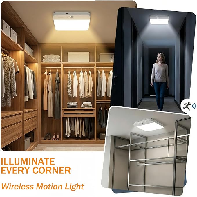 NARUNDREN 2 Pack Rechargeable Motion Sensor LED Ceiling Light with Remote, Wireless Battery Operated Closet Light, 400LM Dimmable 3 Color Temperatures, Ideal for Stair Hallway Garage Pantry