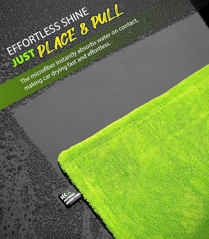 KKV Full-Sized SUV Drying Towel, 48”x24” Dual Sided Microfiber Car Cleaning Towel with Twisting Yarn Technique, 1400GSM Super Absorbent, Scratch-Free, Machine Washable (Darkgray-GreenYellow)