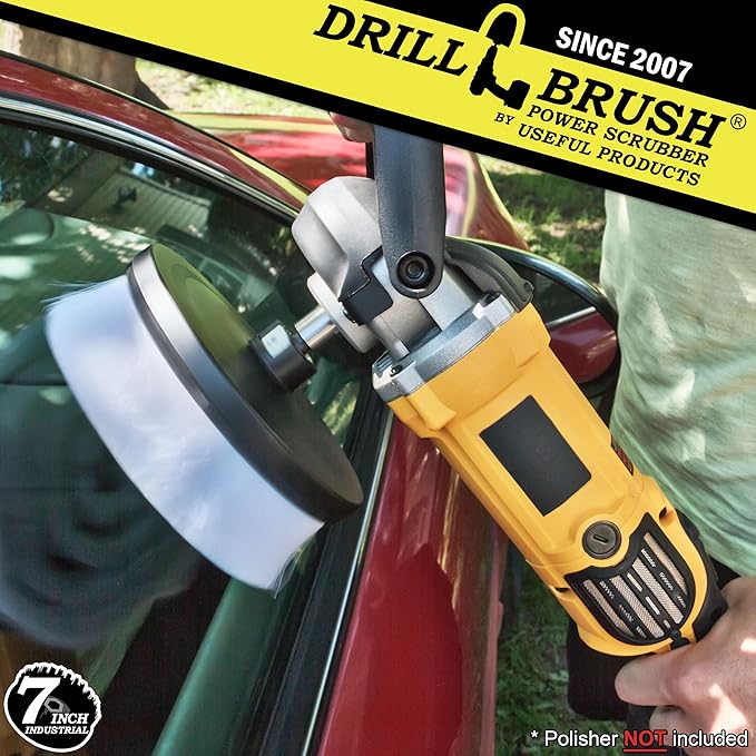 Carpet Cleaner Scrub Brush for Polisher - 7 Inch Soft White Drillbrush with 5/8 x 11 Threaded Hub for Rotary Polisher Machine - Large Car Buffer Brush - Large Carpet Scrubber - Drill Adapter Included