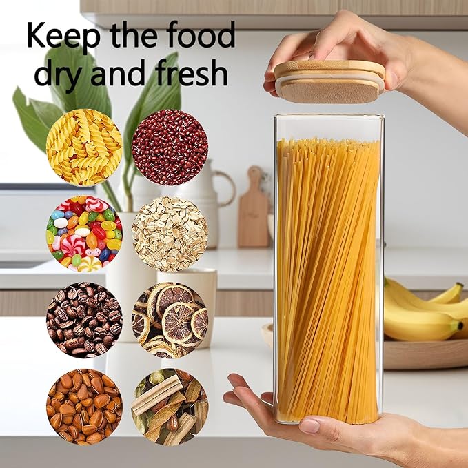 VIEWELLD 2.2 Qt Square Glass Storage Containers with Lids, Clear Food Storage Container Jar with Sealing Bamboo Lid Storage Containers for Pasta, Oats