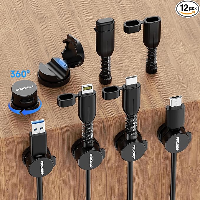 6 Magnetic Spring Cable Clip Rotatable Cord Holder Desktop Cord Organizer 2 Charging Cord Protectors for Nightstand Phone Charger Organizer Computer Desk Cable Management Appliance Adhesive Wire Strap