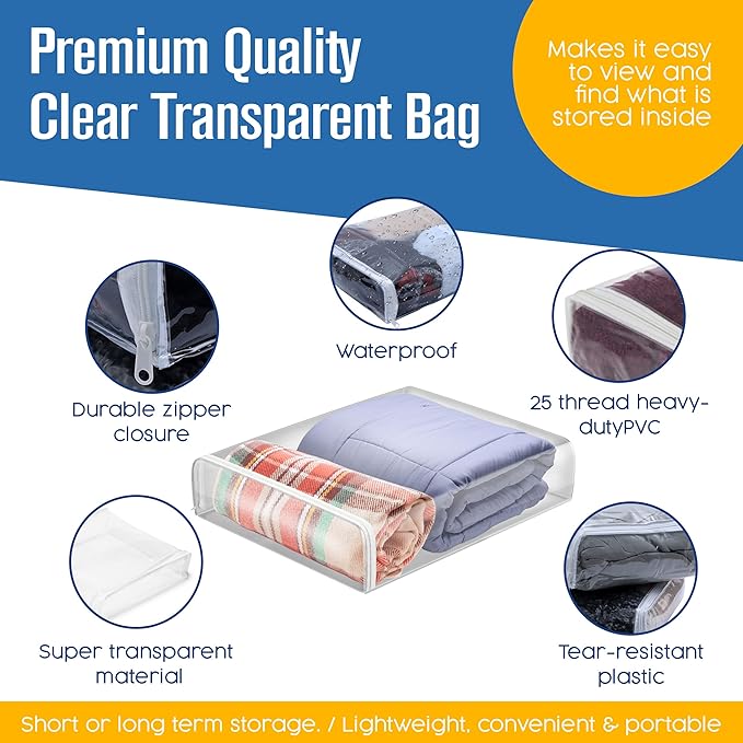 Houseables Sweater Bags Moth Proof, Clothing Storage Bags, with Zipper, Sweater Storage, Clear Zippered Organizers, Clothes, Blanket, Linen, Bedding, Quilt, Vinyl Plastic Protectors, 18x15x4”, 5 Pack.