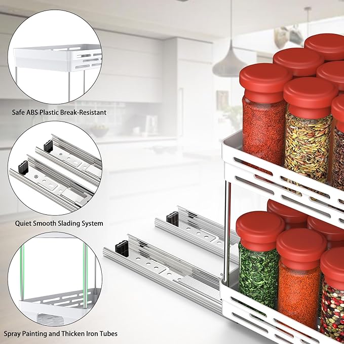 Pull Out Spice Rack Organizer for Cabinet, 2 Pack Widen Slide Out Spice Racks Organizer, Spice Cabinet Organizers, Cabinet Size Need:12'' Highx11'' Deepx6.75'' Wide,Hold 15 Spice Jar Each Tier-2Tier