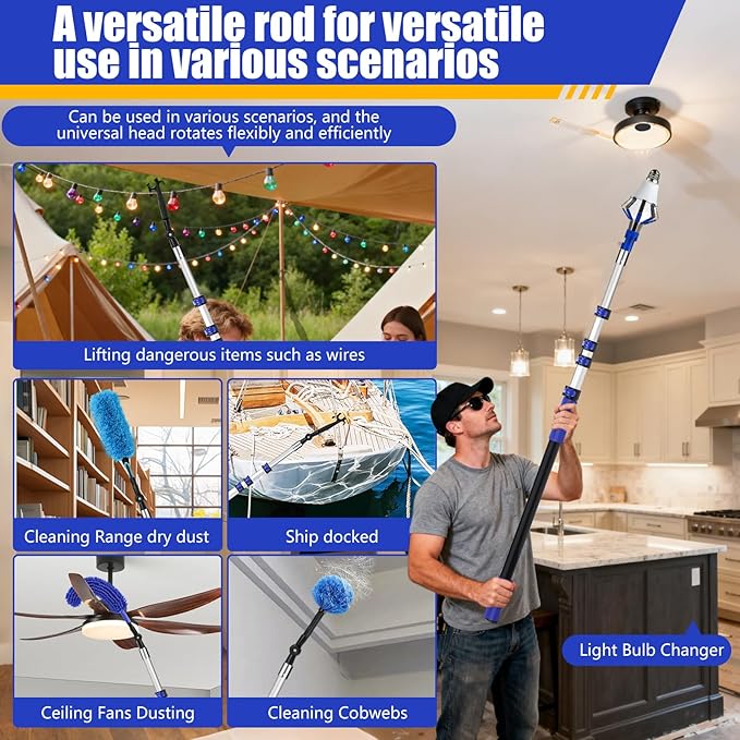 20FT Light Bulb Changer for High Ceilings with 5-12FT Heavy Duty Extension Pole,High Ceiling Fan Duster Extendable Reusable Cobweb,Feather