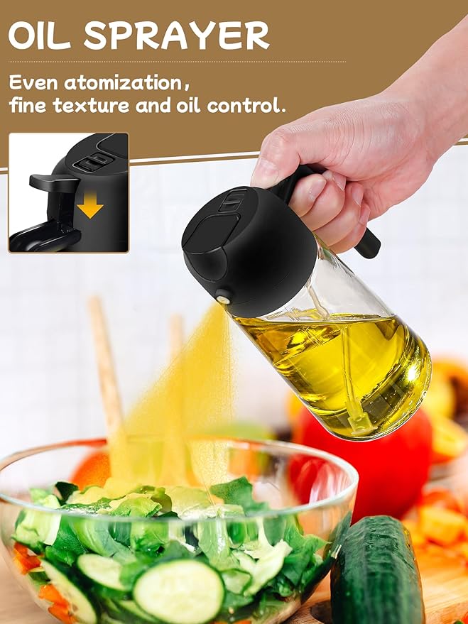 Kitchen Gadgets Oil Sprayer for Cooking 2pcs,Oil Dispenser for Kitchen,2 in 1 Oil Dispenser and Oil Sprayer,16oz Olive Oil Dispenser Bottle for Air Fryer,Salad, Grill (Black Kitchen Accessories)