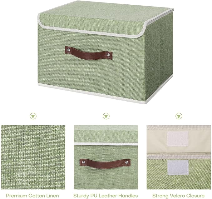 ANMINY Storage Bin with Lid Storage Boxes with PU Leather Handles PP Plastic Board Decorative Foldable Lidded Cotton Linen Fabric Home Cubes Baskets