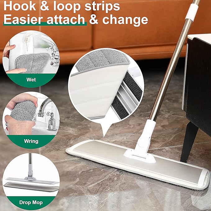 18" Professional Microfiber Mop Floor Cleaning System, Flat Mops with Stainless Steel Handle, 4 Reusable Washable Mop Pads, Wet and Dust Mopping for Hardwood, Vinyl, Laminate (White&Grey)